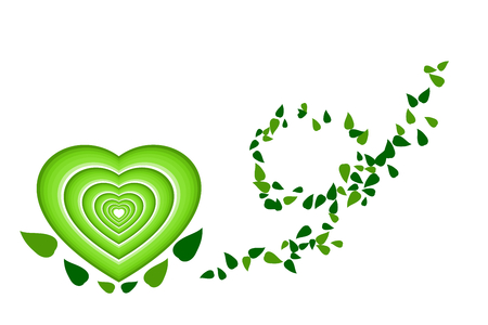 Green multilayered hearts and blowing leaves, isolated on white background. Vector illustration, EPS10. Use as icon, greeting card, or backdrop in love, valentine, or environment friendly concepts.のイラスト素材