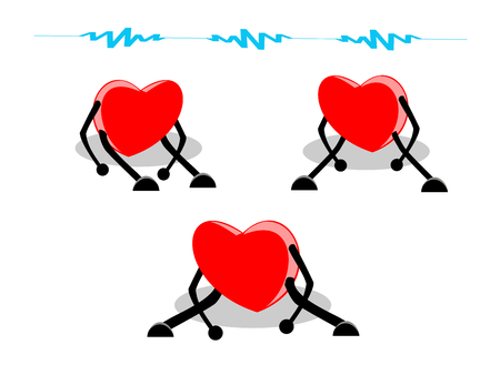 Sets of tired, and exhausted hearts sitting with blue weak signal above, isolated on white (transparent) background. Heart disease, disappointed / broken heart concepts. Vector illustrationのイラスト素材