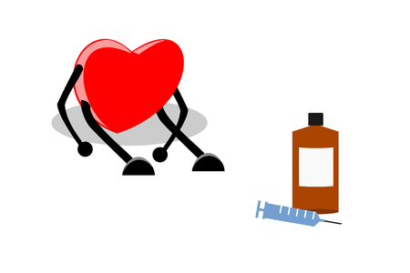 Weak, tired, and exhausted heart sitting with medication (syringe and liquid drug), isolated on white background. Heart disease, disappointed / broken heart concepts. Vector illustrationのイラスト素材