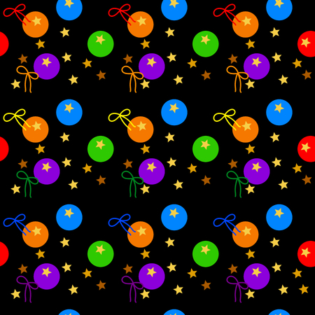 Multi-colored seamless pattern of rainbow balls and ribbons, gold stars, on dark background. Vector illustration. Use as wallpaper, backdrop, montage or print of wrapping paper, tile, fabric.のイラスト素材