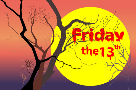 Dead trees at night (dusk) time after sunset (violet / purple, red, orange light) with white Friday and red the 13th text. Vector illustration, EPS 10. Concepts of horror, Friday the 13th, mystery.のイラスト素材