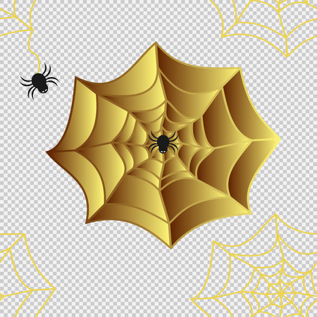 Seamless pattern of black spider with white eyes and yellow gold spider web on transparent background. Vector illustration, EPS10, square shape. Use as background, wallpaper or print as wrapping paper, fabric, tile, etc.のイラスト素材