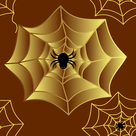 Seamless pattern of black spider with red eyes and yellow gold spider web on brown background. Vector illustration, EPS10, square shape. Use as background, wallpaper or print as wrapping paper, fabricのイラスト素材