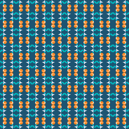 Seamless pattern of stars and geometric shapes in white, orange and dark teal green colors on...