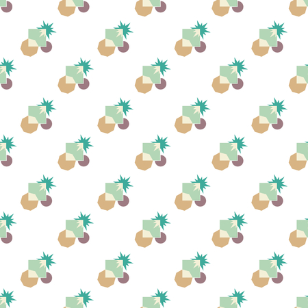 Seamless pattern of stars and polygon geometric shapes in teal green, brown, light green, and purple colors on white background. Flat design vector for wallpaper, gift wrap paper, tile print, etc.のイラスト素材