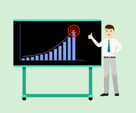 Businessman in official wear standing near presentation board and giving thumbs up sign, feeling happy that business performance hitting the target. Flat design vector.のイラスト素材
