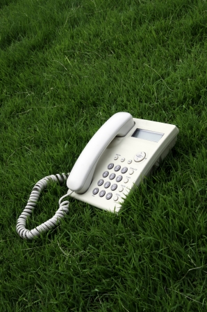 White desktop phone in the field.の写真素材