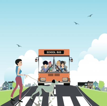 Women leash dog across the street のイラスト素材