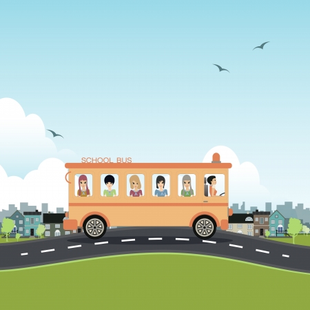 School bus with a city backdrop のイラスト素材