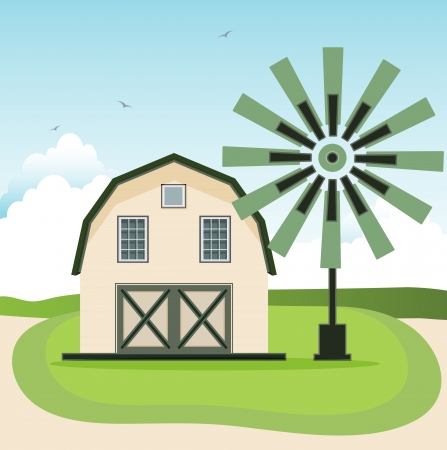 Barn with a windmill in the background sky のイラスト素材