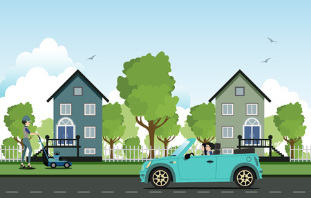 Women driving cars on the road in the countryside のイラスト素材