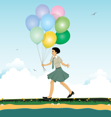 Girl holding balloons running on the road  のイラスト素材