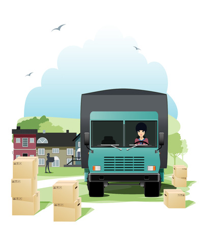 Woman truck driver with the city as a backdrop のイラスト素材