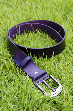 Images of leather belts with background lawn の写真素材