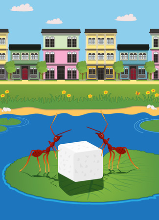 Ants carrying sugar with the city as a backdrop.のイラスト素材