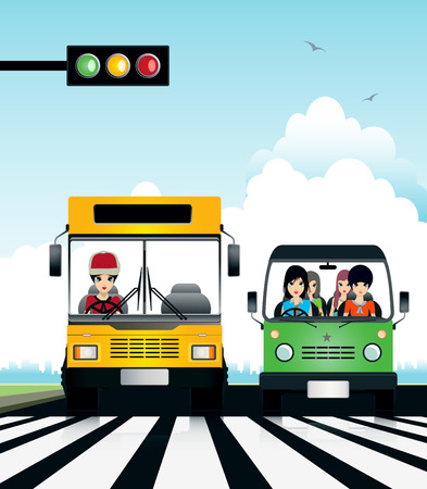 Cars are parked at the crosswalk waiting for the traffic light.のイラスト素材