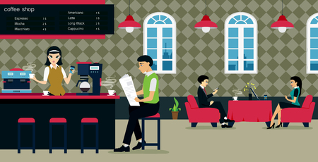 Woman on the front counter in the cafe.のイラスト素材