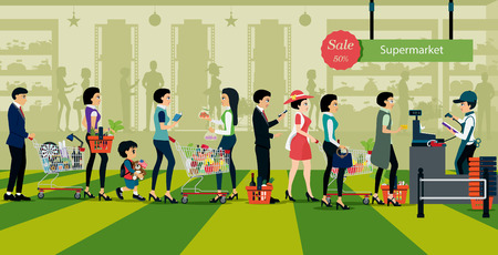 People line up to pay for shopping in supermarkets.のイラスト素材