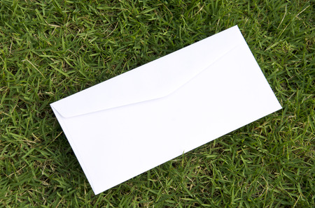 White envelope with a lawn in the background.