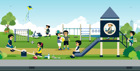 Children play on the playground with the sky as a backdrop.のイラスト素材