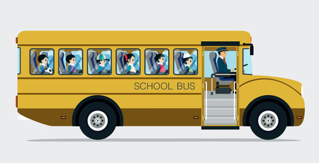 School bus with children on a gray background.のイラスト素材