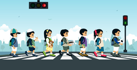 Students walking on a crosswalk with a traffic light.のイラスト素材