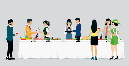 Men and women are celebrating a banquet with a gray background.のイラスト素材