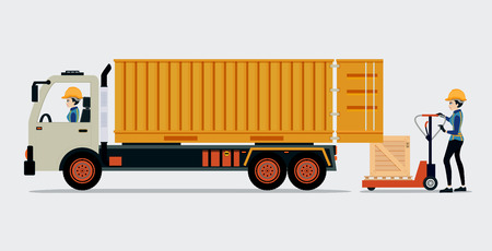 Container truck with boxes and its employees.のイラスト素材