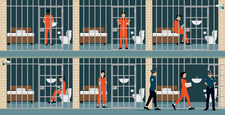 Prison inmates are security guards keep watch.のイラスト素材