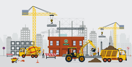Construction engineers are building with cranes and cement trucks.のイラスト素材