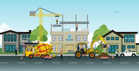 Construction and home renovation with cranes and engineers oversee safety first.のイラスト素材
