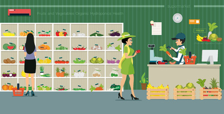 Credit card customers are from the counter to buy vegetables in supermarkets.のイラスト素材