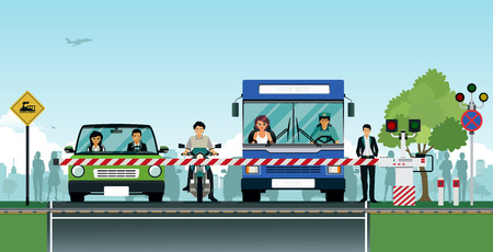 The intersection with the road train with cars waiting safely.のイラスト素材