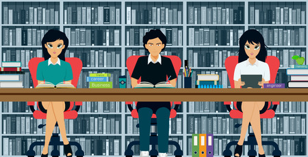 Students looking for research information with bookshelves in the background.のイラスト素材