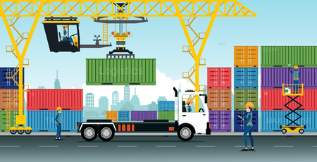 Container Cranes have delivery trucks and containers at the warehouse.のイラスト素材