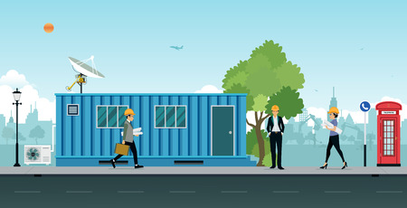 container office construction site with engineers and architects.のイラスト素材