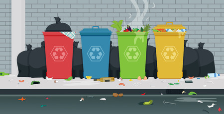 Garbage in the recycling bins at the drop littered and dirty.のイラスト素材