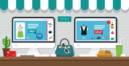 Buy and sell items online via computer.のイラスト素材
