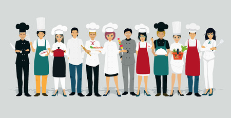Chef men and women in uniform with gray background.のイラスト素材