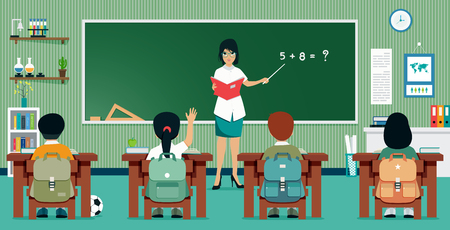 Teachers are teaching mathematics to students in the classroom.のイラスト素材