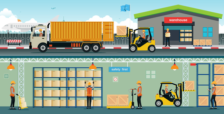 Warehouse workers are arranging goods on the shelves.のイラスト素材