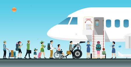 Plane passengers are scheduled to board the plane with flight attendants.のイラスト素材