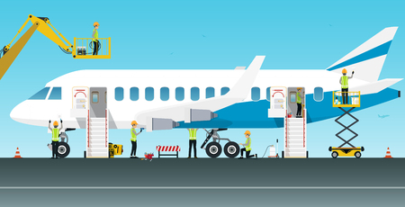 Aviation engineer workers are maintaining various aircraft systems.のイラスト素材
