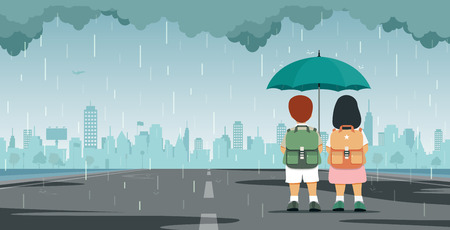 Students with umbrellas standing under the rain against building backdropのイラスト素材