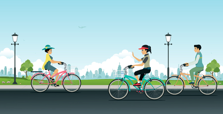Men and women are riding bicycles in gardens with city backdrops.のイラスト素材