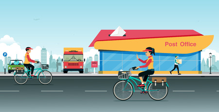 The postman cycles to mail in front of a post office.のイラスト素材