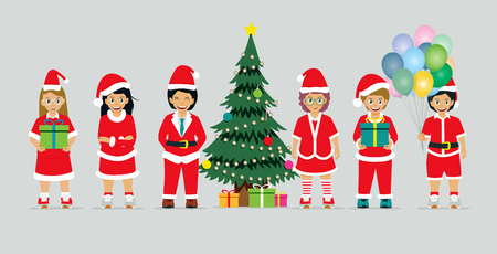 Schoolboy in Santa Claus costume with Christmas tree and giftのイラスト素材