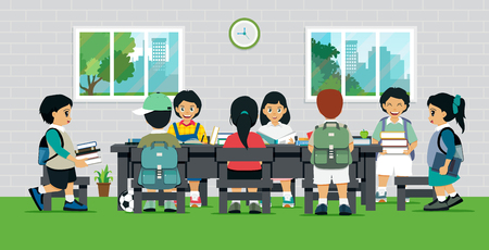 Students are reading and searching for information in the book.のイラスト素材