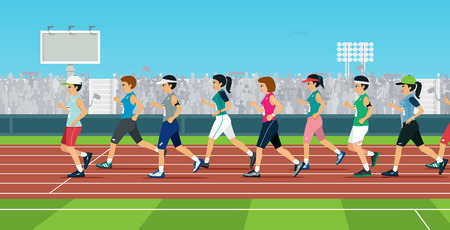 Marathon runners in the field with cheering backdrops.のイラスト素材