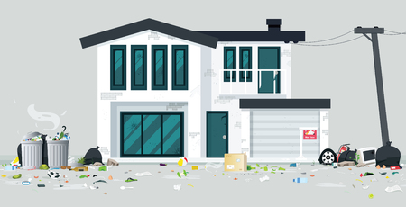 A deserted house full of trash with a gray backdrop.のイラスト素材